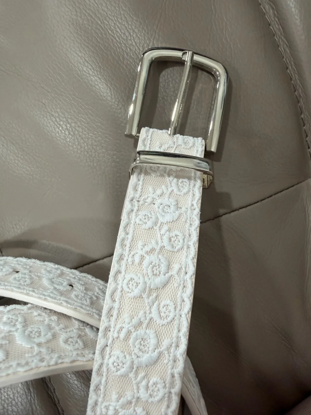 White Lace Belt Women Faux Leather Floral Embroidered Silver Buckle Cottagecore